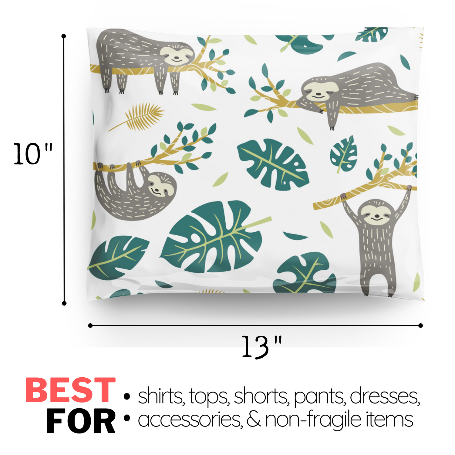 10x13 Sloth Floral Jungle Poly Mailers 100 Pack