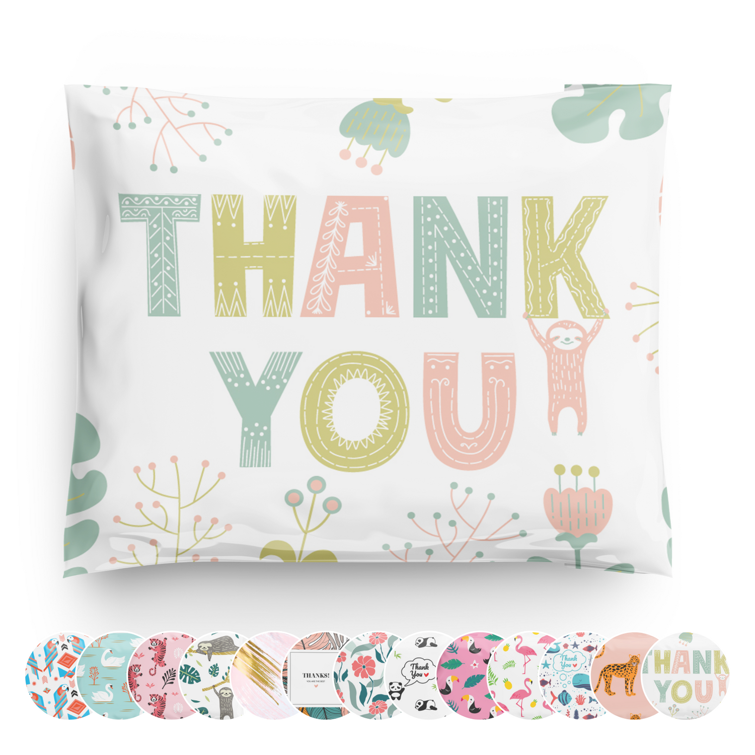 10x13 Thank You Sloth Floral Pink Green Poly Mailers 100 Pack