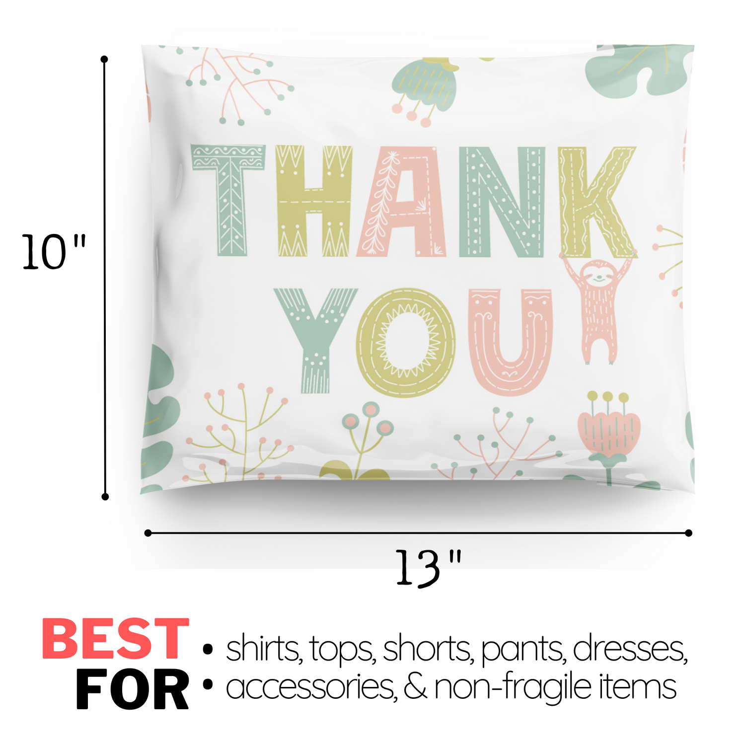 10x13 Thank You Sloth Floral Animal Print Poly Mailers 100 Pack